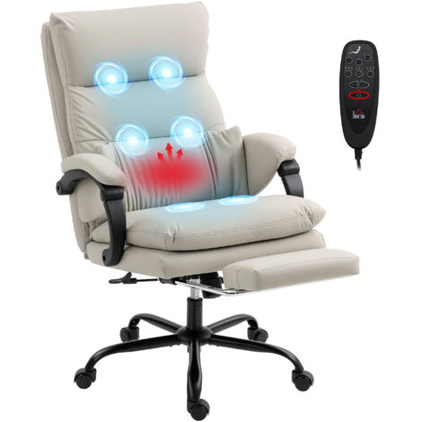 Chaise de bureau massante et chauffante, inclinable à 135° avec repose-pieds en cuir PU, gris clair. (1/5)
