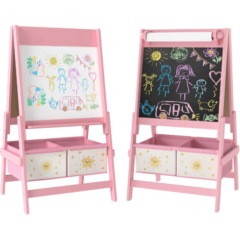 Lavagna per Bambini 3 in 1 con Cavalletto, Rotolo di Carta e 2 Cestelli, in Legno, 54x46x94 cm, Rosa (1/5)