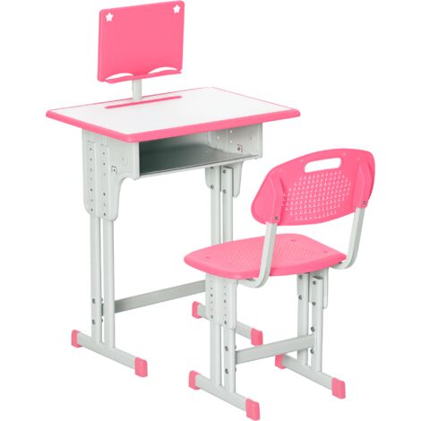 Ensemble bureau et chaise enfant ajustable 6-12 ans, matériaux acier et MDF, couleur rose, mobilier scolaire réglable en hauteur. (1/5)