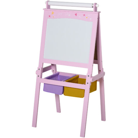 Tableau pour Enfants en Bois Rose avec Chevalet 3 en 1 : Ardoise Blanche, Noire et Rouleau de Papier, Idéal pour Dessin et Écriture. (1/5)