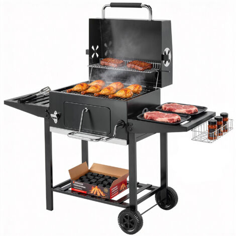 Barbecue à charbon sur roulettes avec grille réglable et tablettes pliantes, acier et PP, 133,5x65x110 cm, noir (1/5)