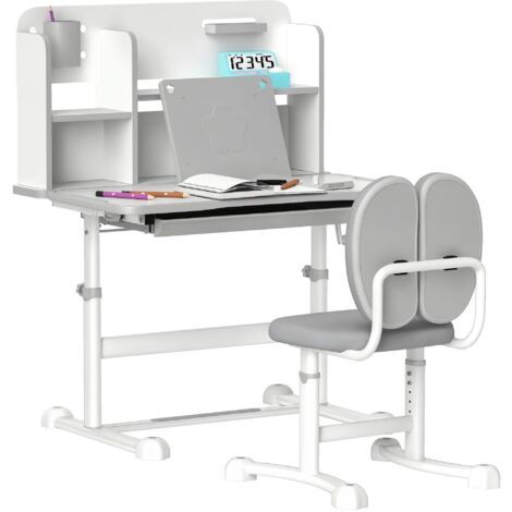 Ensemble bureau et chaise enfant réglables, table d'étude inclinable, tiroir, étagère, gris (1/5)