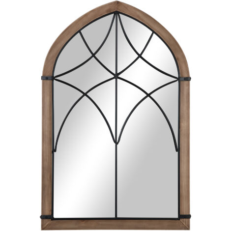 Miroir mural en forme d'arche avec crochets modernes, bois et verre, 60x93 cm, marron et noir, design contemporain pour entrée et salon. (1/5)