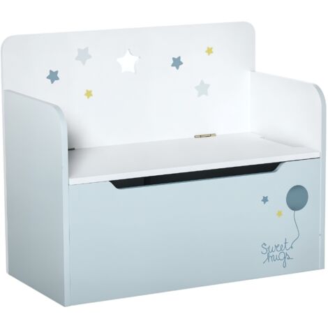 Panca contenitore in legno per bambini 3-6 anni, con schienale, 60x30x50 cm, azzurro. Idéale pour rangement jouets, assise sécurisée et décoration chambre enfant. (1/5)