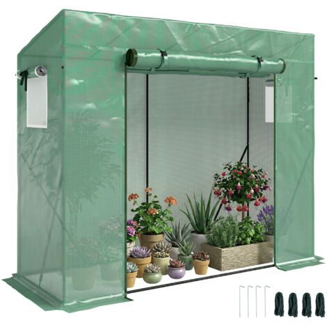 Serre de jardin en PE et acier, 200x77x148-169cm, avec 4 piquets, 2 fenêtres et couverture renforcée. (1/5)