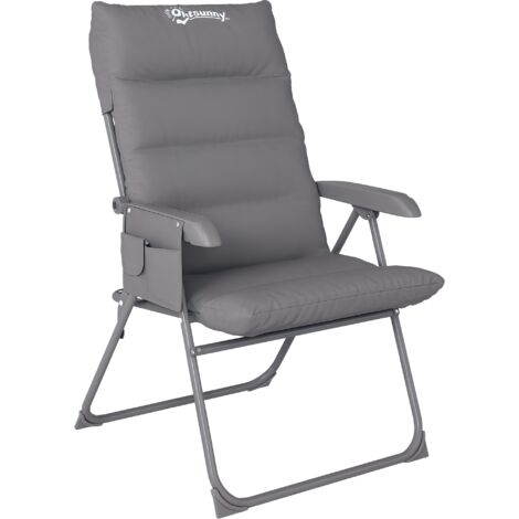 Chaise de camping pliable réglable sur 5 niveaux avec poches latérales, 66x58x105 cm, gris clair. Siège de plein air ergonomique, dossier inclinable, transport facile grâce à sa structure légère et ré (1/5)