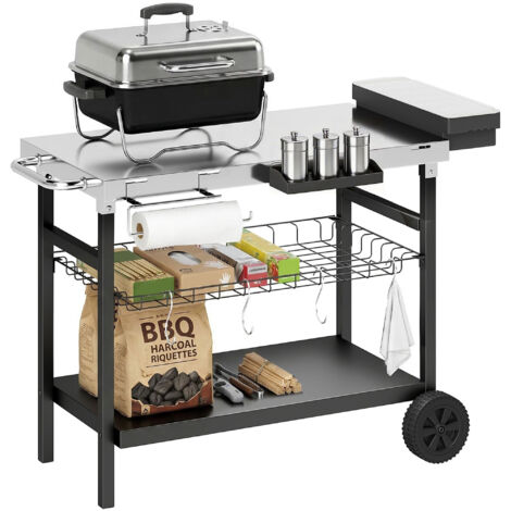 Chariot de barbecue extérieur avec plan en acier inoxydable, porte-épices, crochets et poignée latérale, noir. (1/5)
