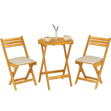 Set Bistrò da esterno : 2 chaises pliantes et table ronde en bois naturel, mobilier de jardin compact et élégant. (1/5)