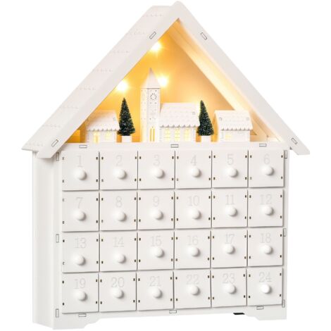 Calendrier de l'Avent en bois à remplir, 24 tiroirs et village de Noël avec arbres et lumières, 39x9x42cm, décoration festive réutilisable. (1/5)
