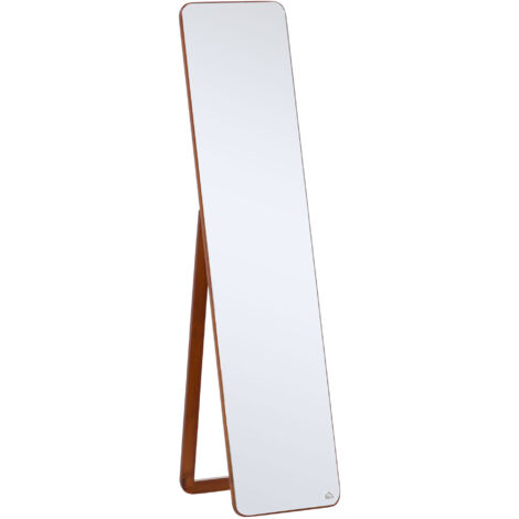 Miroir au sol et mural en bois de noyer clair, 37x43x156cm, pied pliable avec charnière, structure légère, idéal pour dressing ou entrée. (1/5)