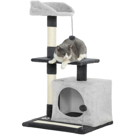 Arbre à chat gris 85 cm avec niche, hamac, poteaux à griffer et tapis griffoir pour chat - jouet griffoir confortable et stable. (1/5)