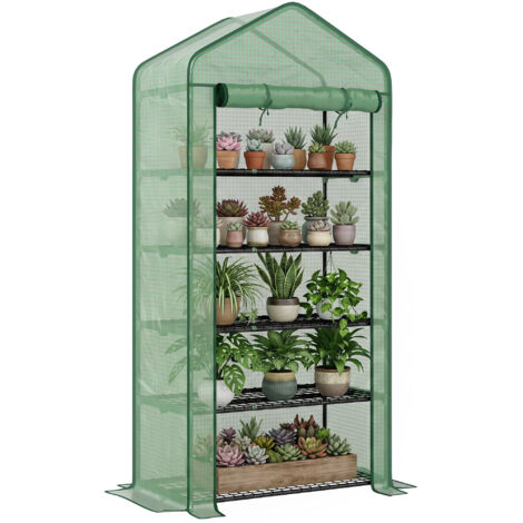 Serra a 5 piani con porta avvolgibile, struttura in acciaio e polietilene, 90x49x193 cm, colore verde, ideale per balcone e giardino. (1/5)