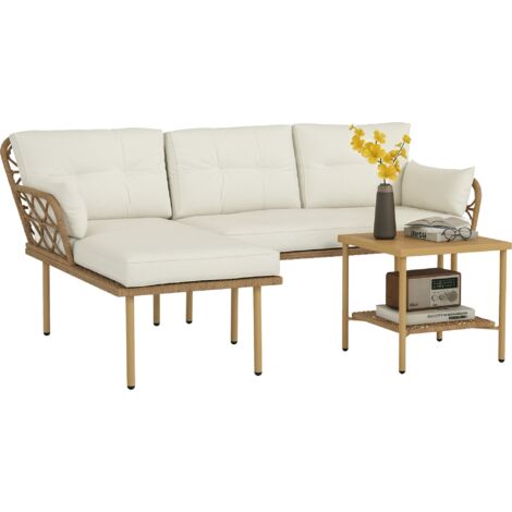 Ensemble de jardin 3 pièces avec chaise longue, canapé, coussins et table basse, en rotin et acier, blanc crème et bois. (1/5)