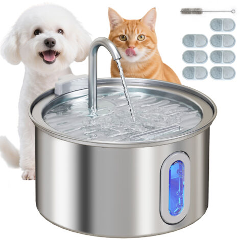 Fontaine à eau pour chat 2.5L avec lumière LED et 2 modes de débit, en acier inoxydable argenté, dimensions 19.4x19.4x18.7 cm (1/5)