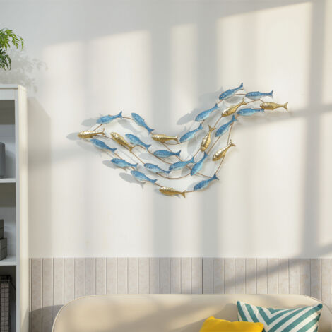 Décoration murale métallique banc de poissons avec vis incluses, 99.7x3.8x50.2 cm, tons or et bleu. (1/5)