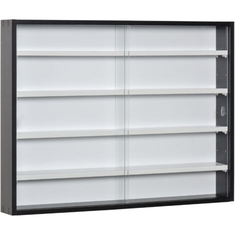 Vetrina murale 4 étagères réglables, vitrine collection noir et blanc 80x9.5x60 cm, meuble exposition en verre et panneaux de particules pour objets de collection, rangement mural design.