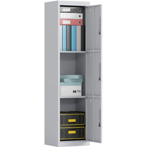 Armoire de bureau en acier 3 portes indépendantes avec serrure et 2 clés, 45x38x180 cm, gris clair, rangement sécurisé pour documents. (1/5)