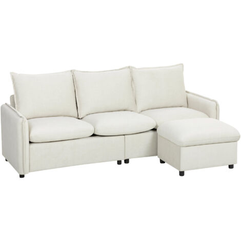 Canapé d'angle 3 places modulaire en tissu effet cuir respirant, avec coffre de rangement, repose-pieds et coussins, couleur crème. Idéal salon moderne. (1/5)