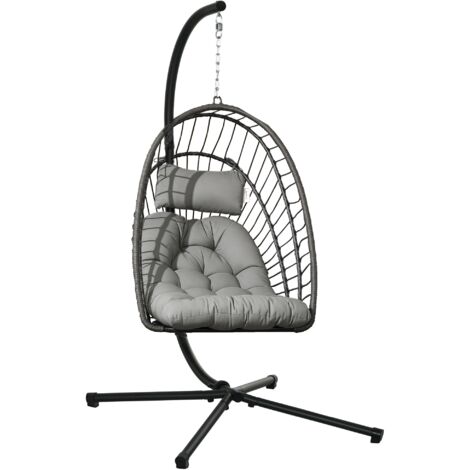 Poltrona sospesa in rattan PE grigia con cuscino, seduta pieghevole e struttura in acciaio, idéale per esterno e giardino. (1/5)