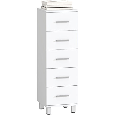 Meuble de rangement à 5 tiroirs en bois FSC, 30x30x95 cm, blanc, pour chambre et salon, commode compacte design moderne. (1/5)