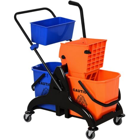 Chariot de nettoyage professionnel 26L, 2 seaux lave-sol, plastique et métal, 78x45x95 cm, orange et bleu. (1/5)