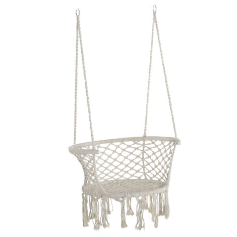 Amaca suspendue bohème chic, chaise suspendue en polyester et macramé pour intérieur et extérieur, couleur crème, dimensions 80x60x36 cm. (1/5)