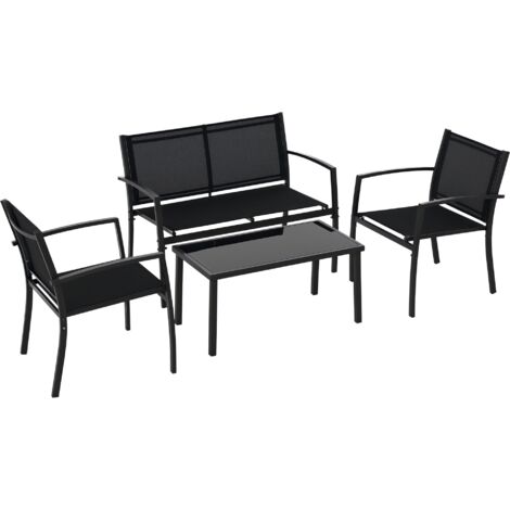 Set de salon de jardin 4 pièces : 1 table basse, 2 chaises et 1 banc en métal noir, mobilier extérieur robuste et moderne. (1/5)
