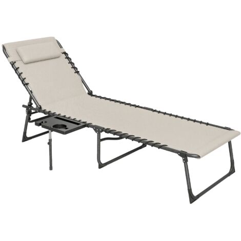 Sdraio pieghevole reclinabile 5 posizioni con tavolino laterale e tasca portacellulare, 60x190x31 cm, colore crema, per giardino e spiaggia, leggero e compatto. (1/5)