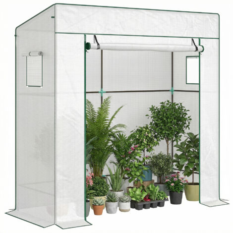 Serra per Piante con 2 Finestre Laterali a Rete e Ingresso Avvolgibile, in PE e Acciaio, 196x77x197 cm, Bianco (1/5)