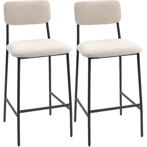 Set 2 tabourets de bar haut dossier, repose-pieds, revêtement en chenille crème, design confortable pour cuisine ou salon. (1/5)