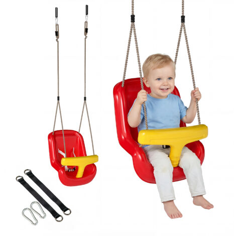 Altalena regolabile per bambini 9-36 mesi, in PE resistente, con corde e moschettoni, dimensione 28x36x180 cm, colore rosso e giallo. (1/5)