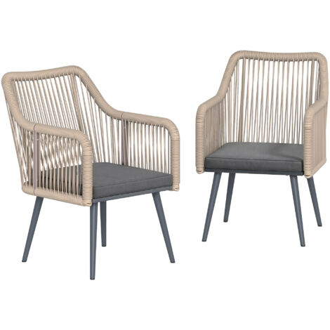 Set de 2 fauteuils de jardin gris foncé avec coussins et accoudoirs, en acier et rotin PE, 54x65x80 cm – chaises d’extérieur robustes et confortables.