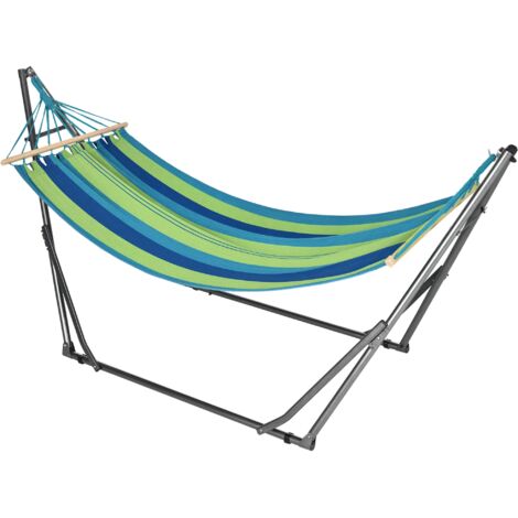 Support de hamac autoportant pliable en coton et acier, 270x100x94 cm, idéal pour jardin, terrasse ou intérieur, résistant et facile à monter. (1/5)