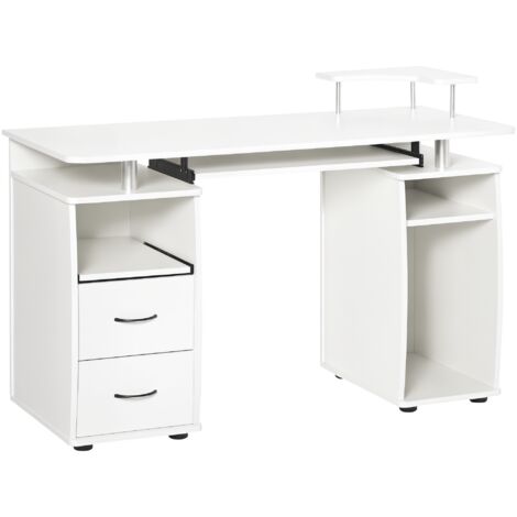 Bureau d'ordinateur blanc 120x55x85 cm avec plateau coulissant pour clavier, support pour écran et 2 tiroirs. Meuble de travail ergonomique et rangement intégré. (1/5)