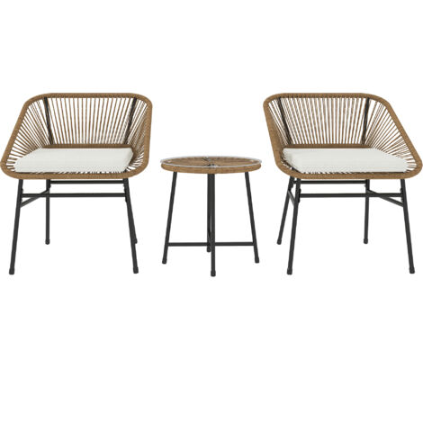 Set de jardin 3 pièces en rotin PE et acier, 2 fauteuils avec coussins moelleux + table ronde basse, mobilier d'extérieur coloré et résistant. (1/5)