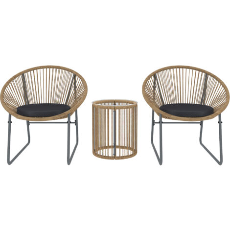 Set de jardin 3 pièces en rotin et acier, 2 fauteuils avec coussins, table basse cylindrique multicolore, mobilier d'extérieur moderne. (1/5)