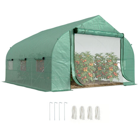 Serre tunnel 3.5x3x2m avec couverture PE et structure en acier, porte enroulable et 6 fenêtres, couleur verte. (1/5)