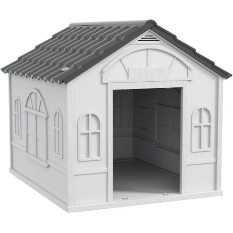 Casa per cani in PP impermeabile, tetto inclinato e porta d'ingresso, 84,2x98,2x82 cm, grigio. Nicchia esterna resistente, riparo per animali domestici, facile da montare. (1/5)