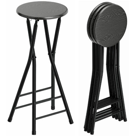 Set de 4 tabourets de bar pliants noirs, double repose-pieds, structure acier et bois, dimensions 34x30x70 cm, design moderne et pratique pour cuisine ou salon. (1/5)