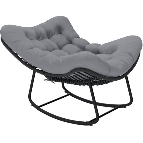Fauteuil à bascule en rotin gris foncé avec coussin moelleux, idéal pour jardin, balcon ou terrasse, confortable et design naturel. (1/5)