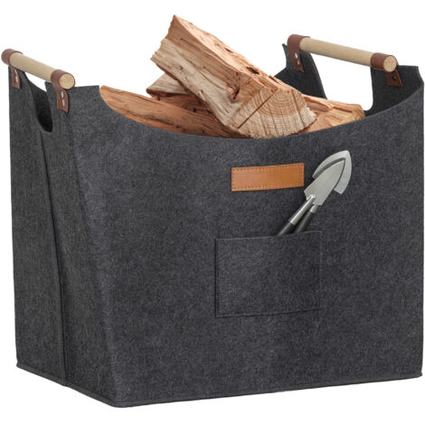 Porte-bûches en feutre gris avec anses en bois, capacité 15 kg, dimensions 45x32x40 cm, intérieur robuste et design pratique. (1/5)