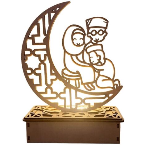 Suspension lumineuse en bois pour Aïd - Décoration lunaire creuse avec LED pour palais et famille - Artisanat bois lune lumineux ornement de Ramadan. (1/4)