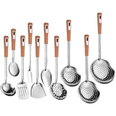 Lot de 10 ustensiles de cuisine en acier inoxydable 201, louche multifonctionnelle pour service de table et préparation culinaire. (1/4)
