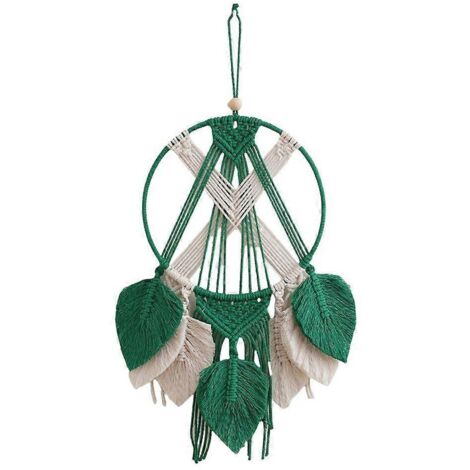 Tapis de rêve en macramé tissé main avec plumes et feuilles, décoration murale bohème pour chambre, ornement artisanal naturel. (1/4)