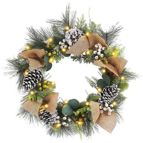 Couronne de Noël LED fonctionnelle avec branches de jute et pommes de pin décoratives, guirlande lumineuse festive pour porte ou mur. (1/4)