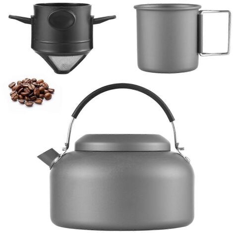 Bouilloire de camping 1,4L avec tasse et filtre à café pour eau bouillante en extérieur, idéale pour randonnée et sac à dos. (1/4)