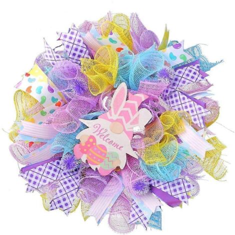 Couronne artificielle de printemps avec panneau "Nain", résistante à la décoloration pour porte d'entrée. (1/4)