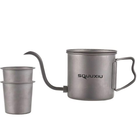Verseuse à bec d'oie 400 ml, bouilloire café pliable en titane avec couvercle et tasse, poignée repliable, idéale pour voyage et camping. (1/4)