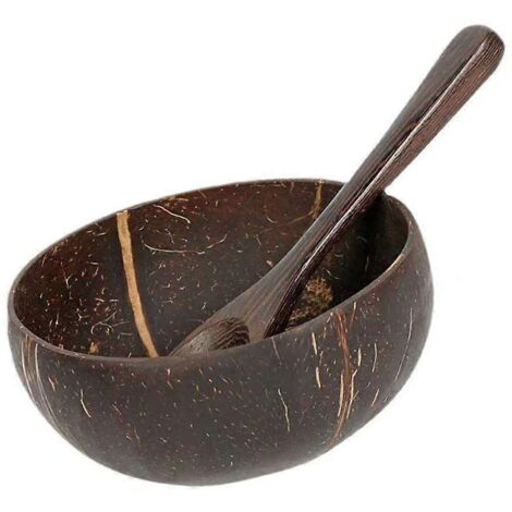 Bol en bois de noix de coco avec cuillère, idéal pour salades, ramen, soupes et plats asiatiques. Set écologique et artisanal. (1/4)