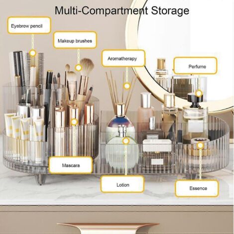 Porte-cosmétiques tournant de bureau, tube de rangement pour pinceaux de maquillage, compartiment à bijoux et rouges à lèvres pour coiffeuse maison. (1/3)